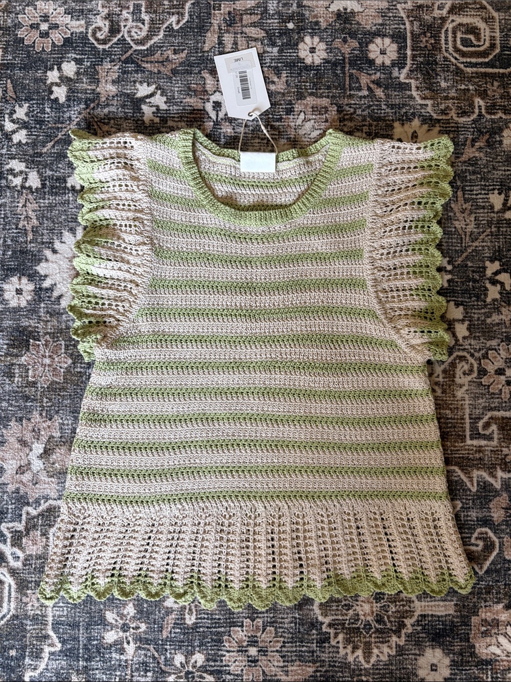 Crochet Stripe Shell Top with Ruffle Sleeves - Green & Cream